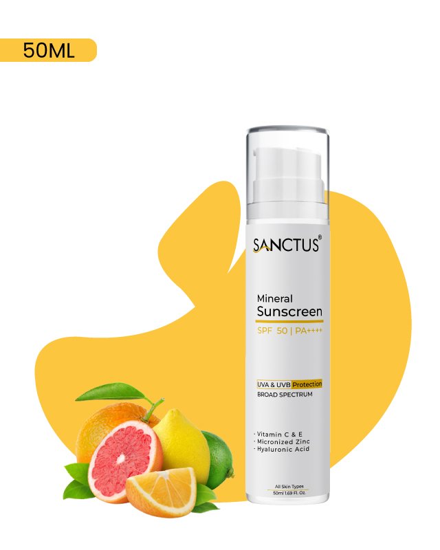 Mineral Sunscreen SPF 50 | PA++++ | UVA & UVB Protection, Broad Spectrum | Vitamin C, Hyaluronic Acid, VitaminE, Orange peel oil, Papaya Leaf Ext, Micronized Zinc, Grapes Ext.